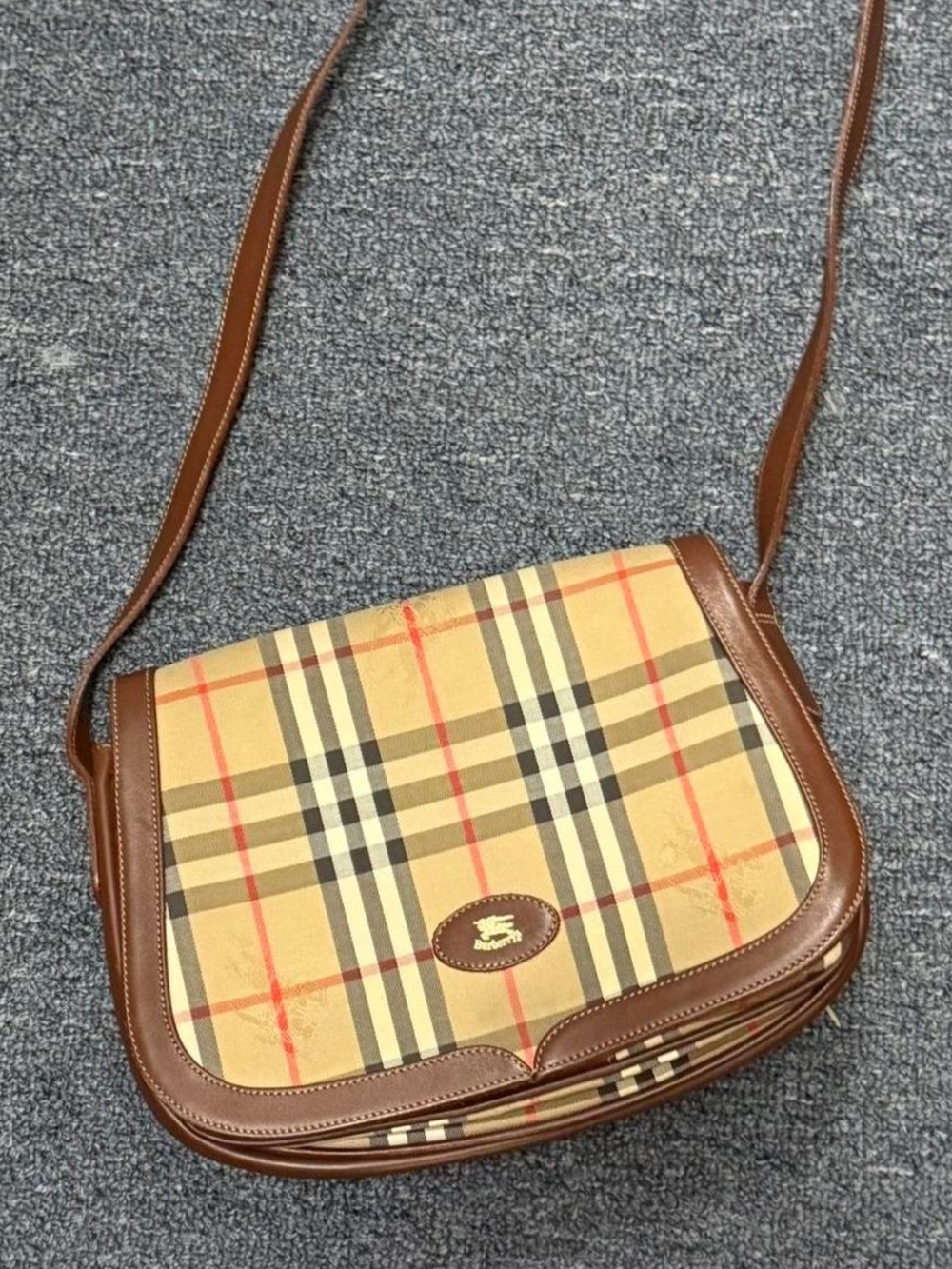 Plaid Crossbody Shoulder Bag with Brown Leather Trim